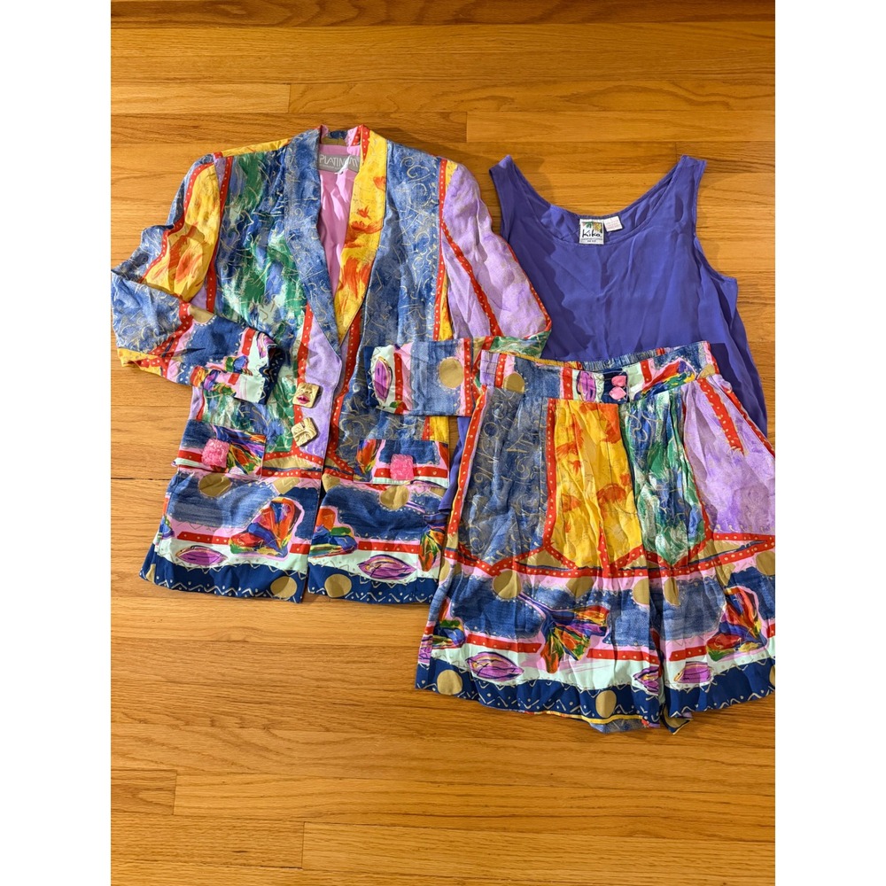 Vintage Platinum Dorothy Schoelen 3pc Blazer Shorts Set Silk Tank Multi Color P - Picture 1 of 11